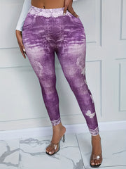 Denim & Floral Print Stretchy Leggings