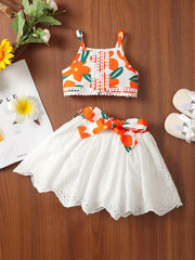 2pcs Baby Girls Floral Print Camisole Top & Eyelet Belted Skirt Set