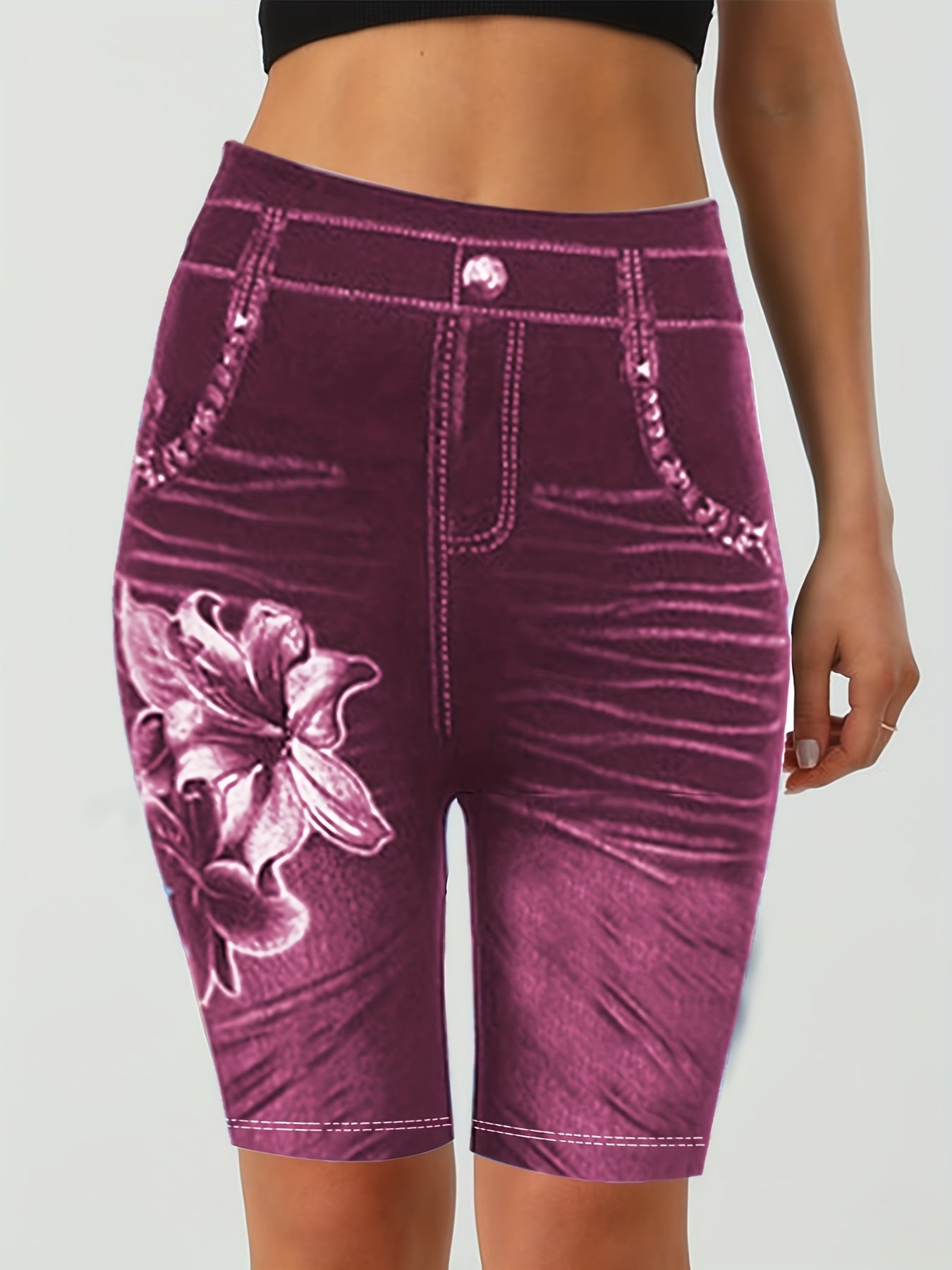 Flower Print Slim Leggings Casual Skinny Shorts Leggings