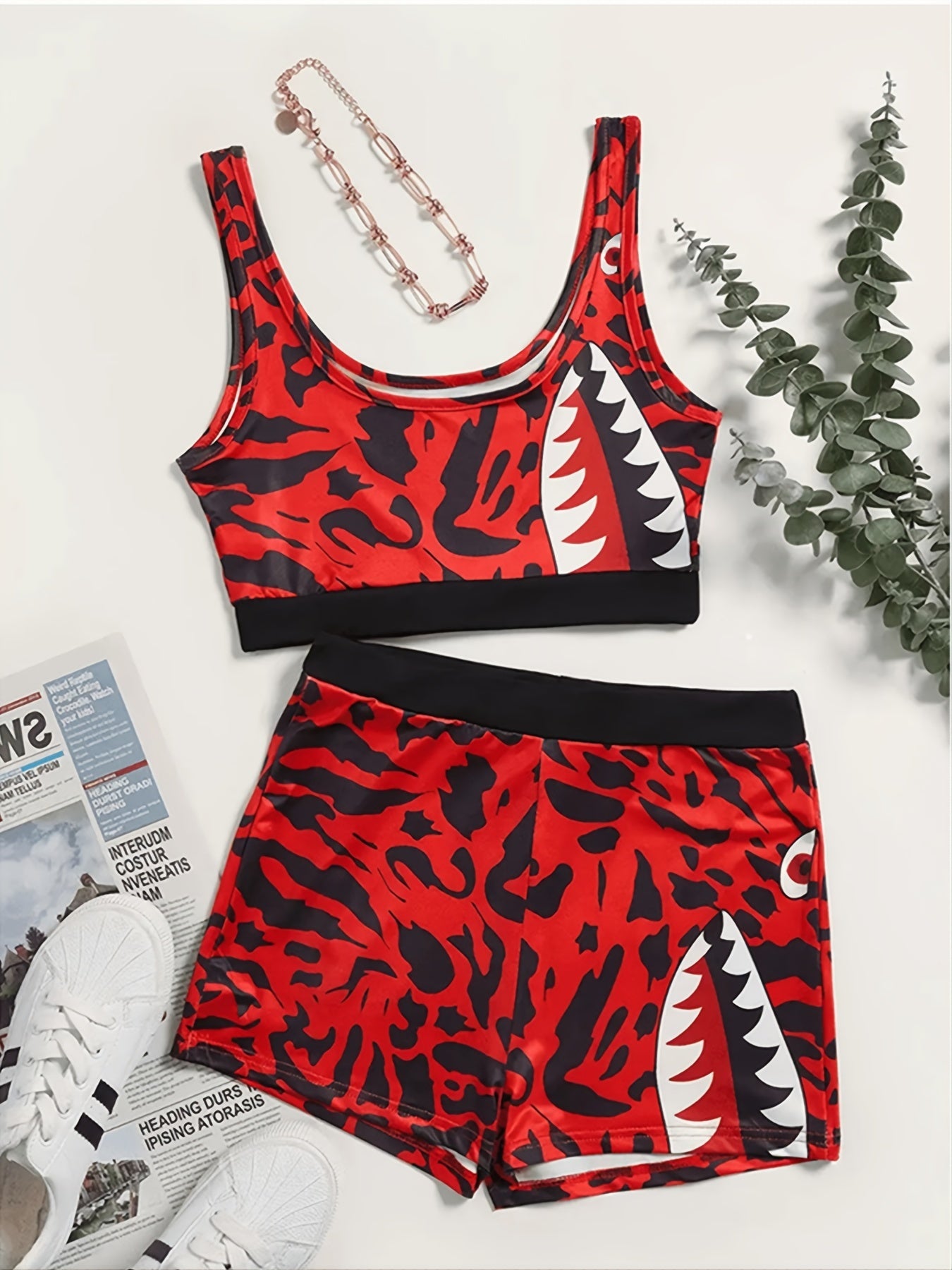 Shark Print Tank Crop Top & Shorts Set Women's Plus Sports Outfit
