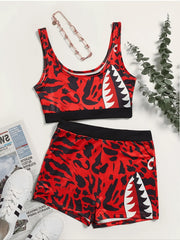 Shark Print Tank Crop Top & Shorts Set Women's Plus Sports Outfit