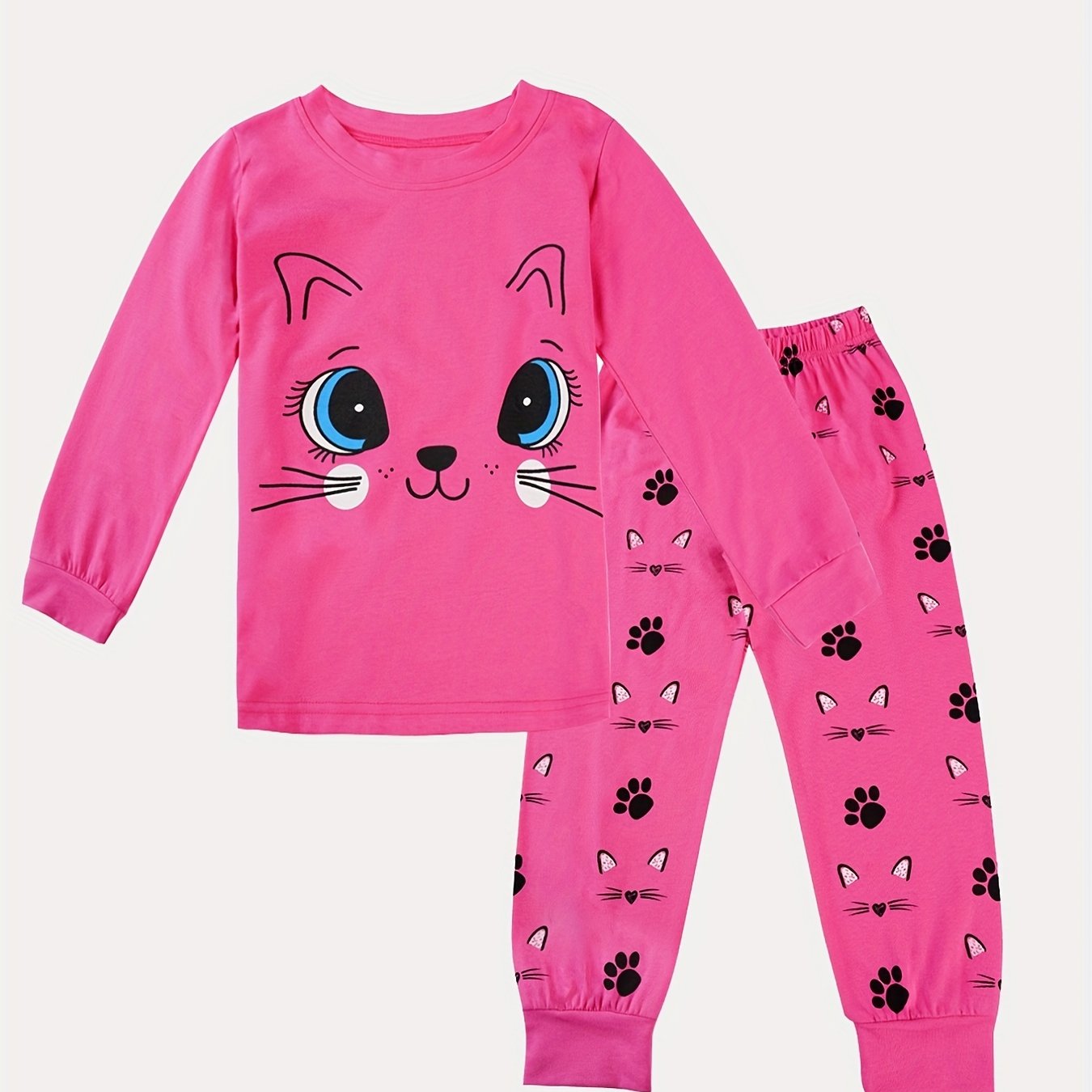 Girls Cat Print Pajama Set Long Sleeve Round Neck Pullover Comfy Homewear
