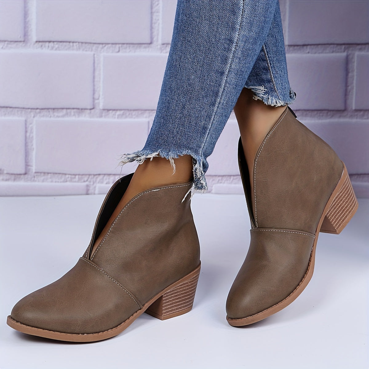 Women's Block Heel Ankle Boots Round Toe V cut Slip On Shoes Anti skid