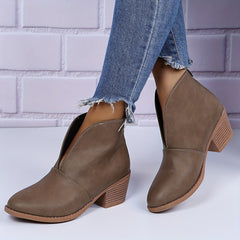 Women's Block Heel Ankle Boots Round Toe V cut Slip On Shoes Anti skid