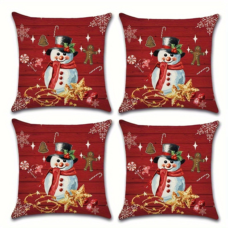 Christmas Snowman Snowflake Pillow Cover Red 4pc