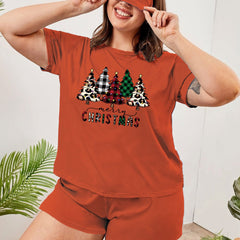 Christmas Casual Pajama Set - Tree Print Top & Shorts with Eye Mask