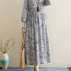 Vintage Floral Print Dress Crew Neck 3 4 Sleeve Dress Women's Clothing