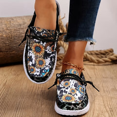 Women's Sunflower Print Canvas Shoes Slip On Flat Loafers Casual Sneakers