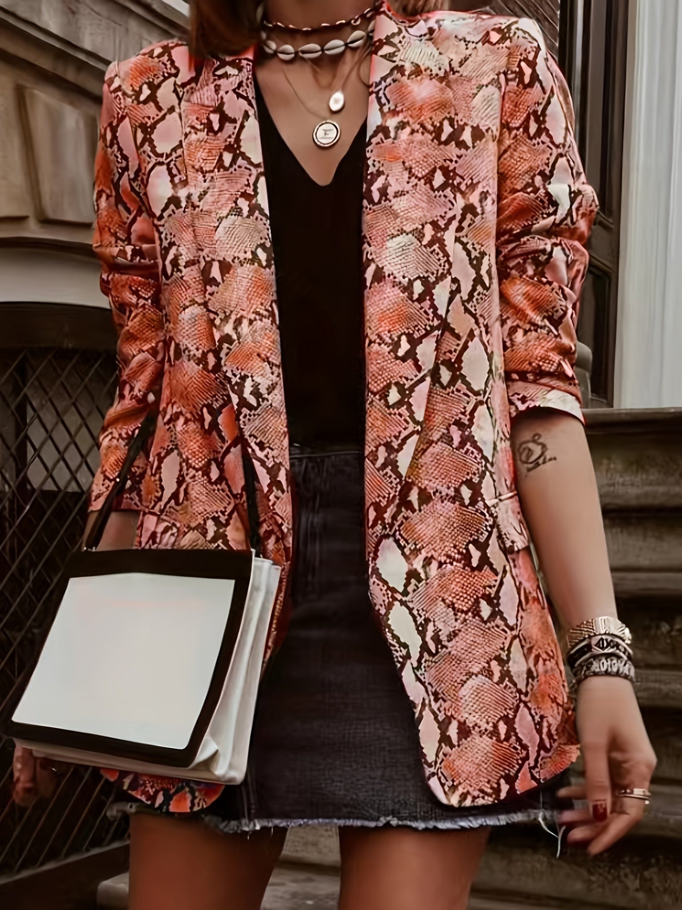 Casual Snake Pattern Blazer Open Front Long Sleeve Slim Fit