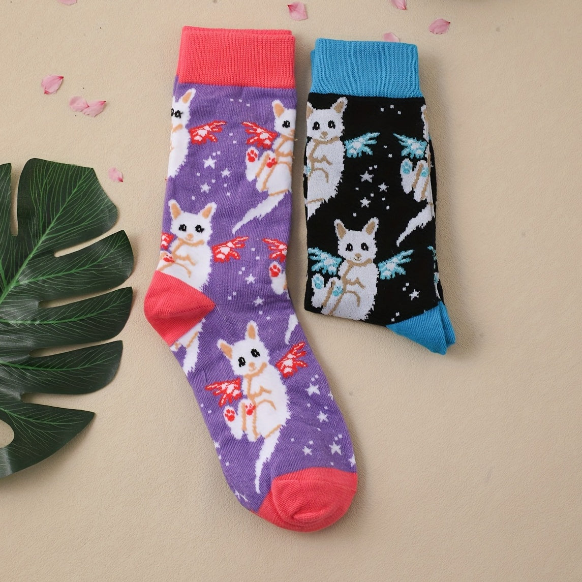 2 Pairs Cat Print Mid Tube Socks Women's Stockings