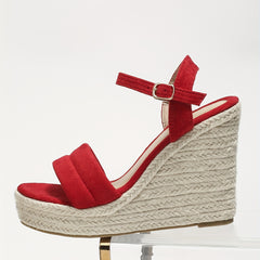 Red Wedged Heeled Sandals with Buckle Strap
