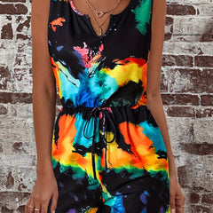 Tie Dye Drawstring Waist Romper Jumpsuit Casual Sleeveless