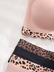 Leopard Stitching Bra & Panties Set, Push Up Wireless, Seamless Lingerie