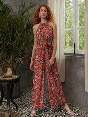 Boho Floral Print Sleeveless Jumpsuit Vintage Wide Leg Jumpsuit