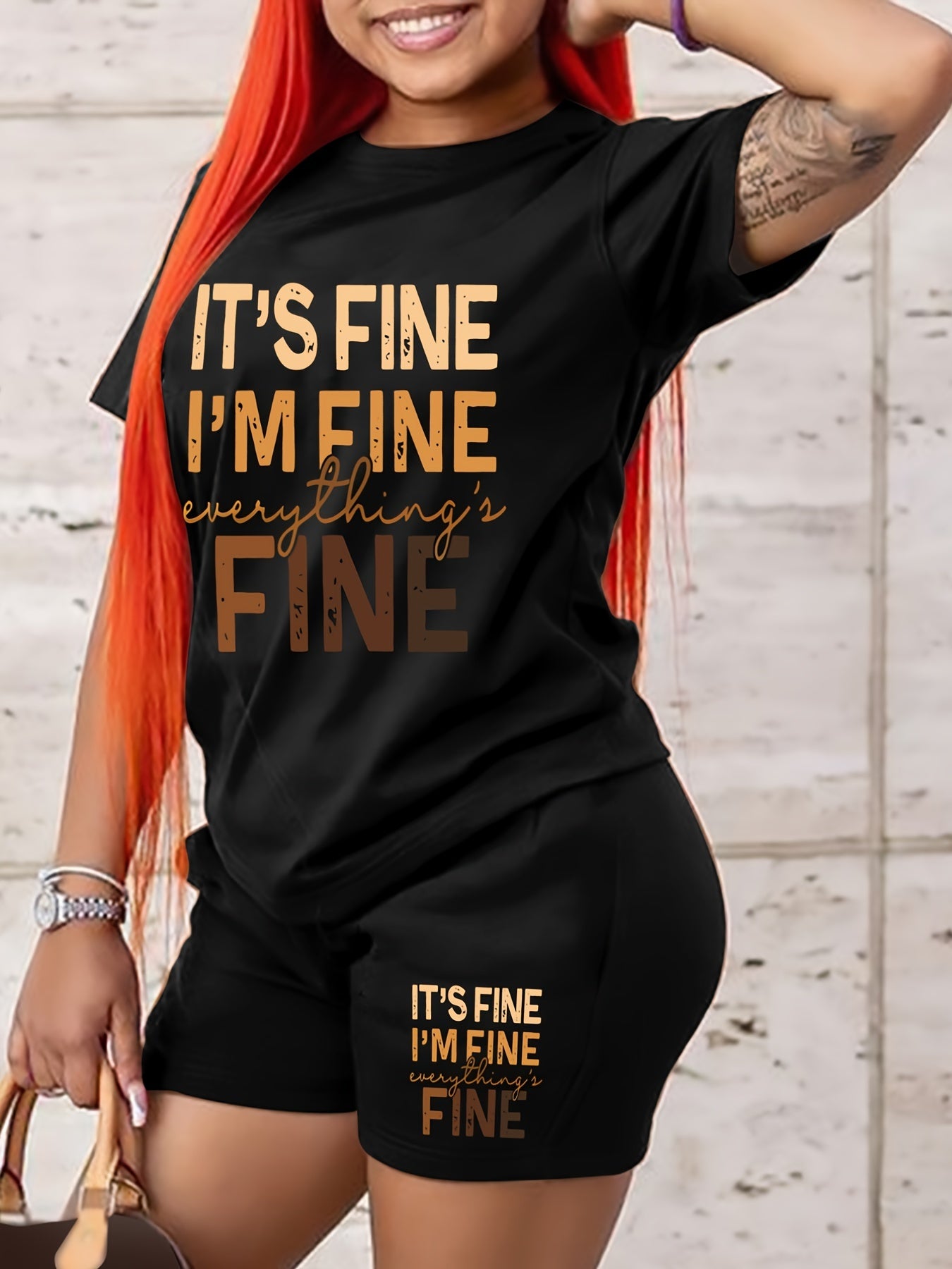 Letter Print Tee & Biker Shorts Set Women 2pcs Outfit