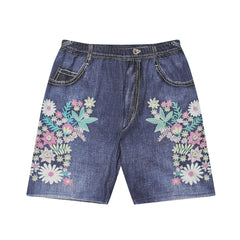 Floral Print Faux Denim Print Sports Shorts High Stretch Yoga Running Shorts