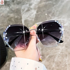 Oversized Rhinestone Sunglasses Gradient Lens Rimless Eyewear