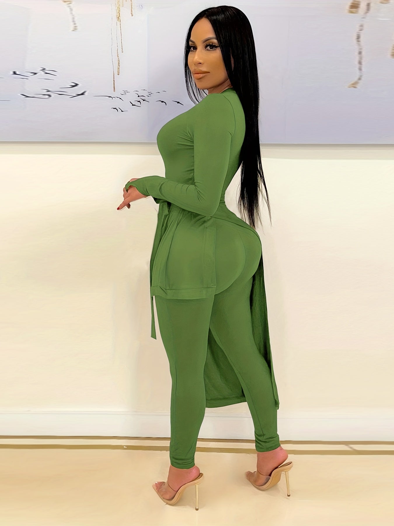 Solid Casual 2pc Set Asymmetrical Knotted Tops & High Waist Pants