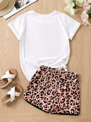 2pcs Toddler Girls Figure & Letter T-Shirts & Leopard Shorts Set