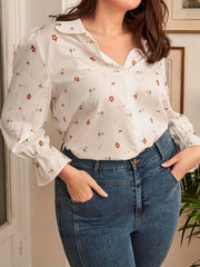 Floral Print Flounce Sleeve Button Up Plus Size Blouse