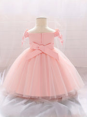 Baby Girls Gown Dress Floral Embroidery Off The Shoulder Mesh Princess Dress