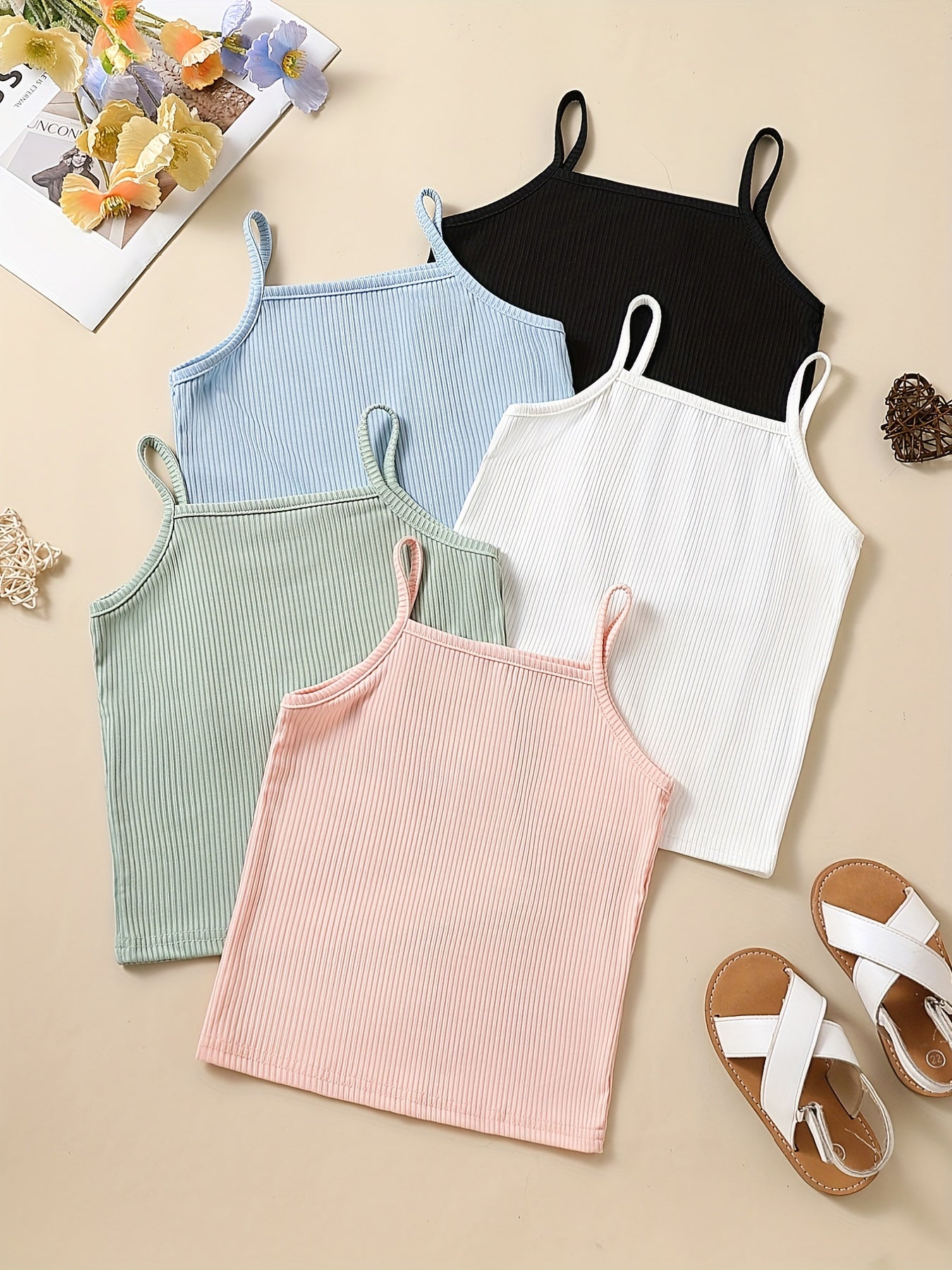5pcs Toddler Girls Ribbed Knit Cami Top Kids Summer Clothes