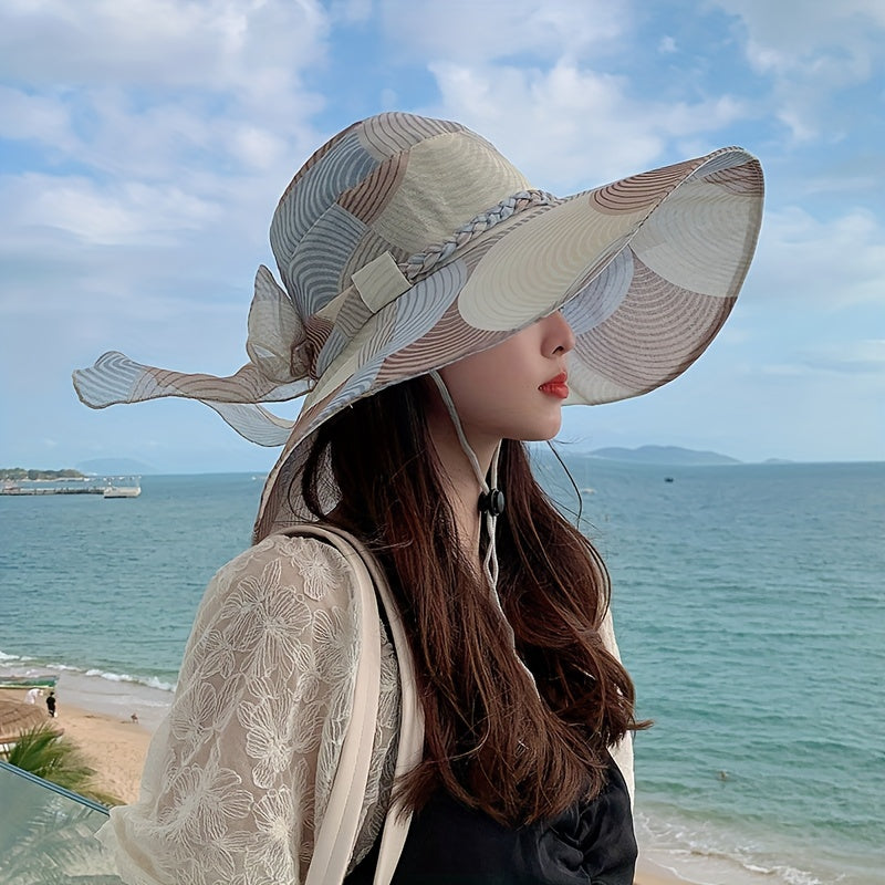 Striped Block Sun Hat Ribbon Bowknot Wide Brim Bucket Hat