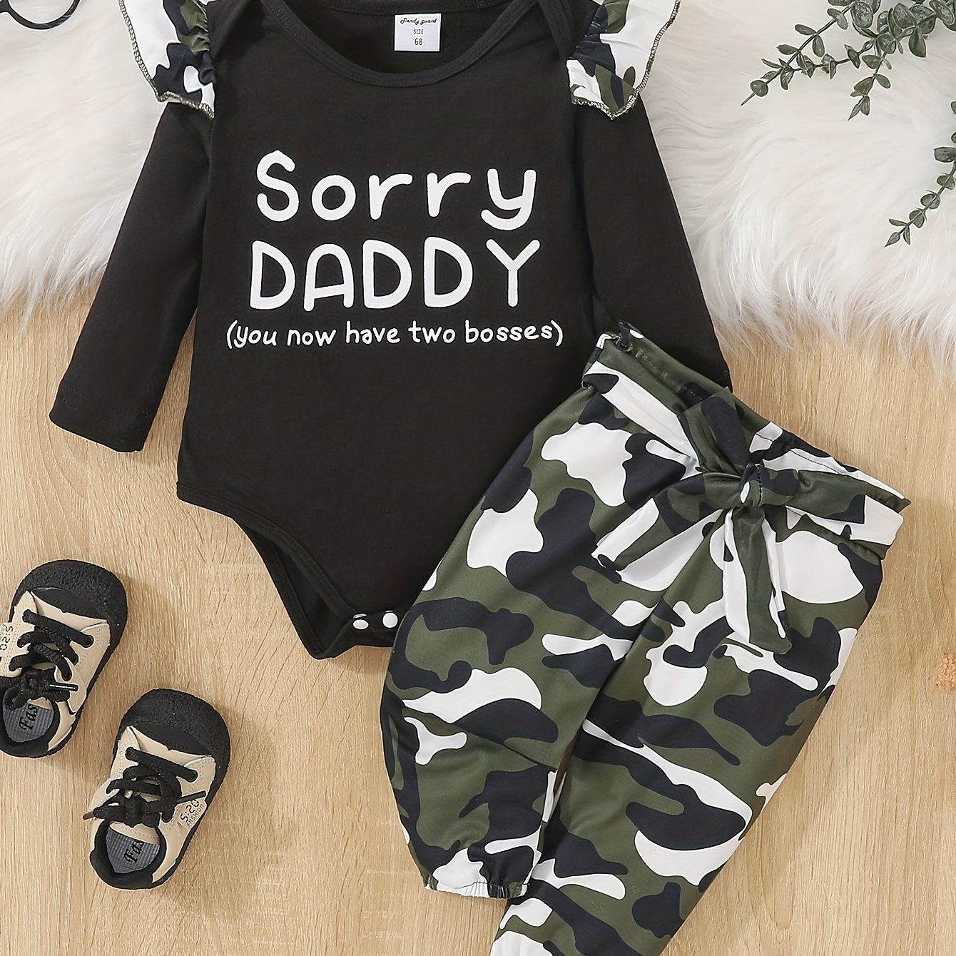 Baby Girls Casual Romper with Sorry DADDY Print & Camouflage Pants Set