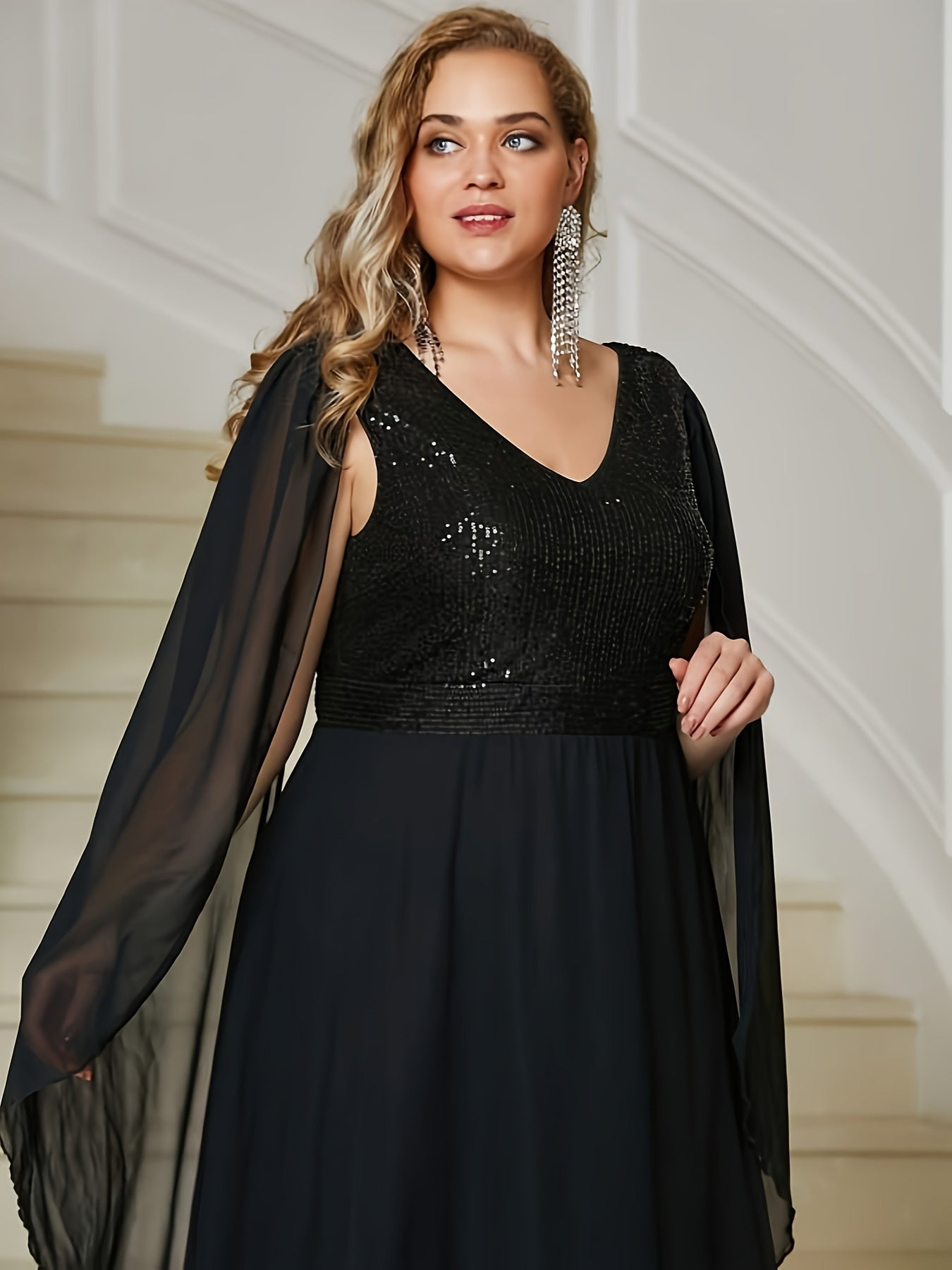 Sequin Decor Cloak Sleeve V Neck Maxi Evening Formal Dress