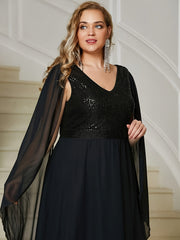 Sequin Decor Cloak Sleeve V Neck Maxi Evening Formal Dress