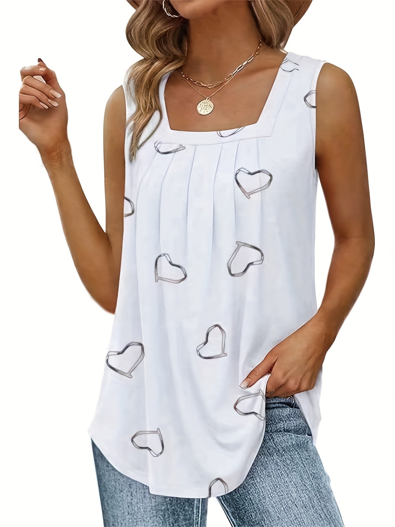 Heart Print Square Neck Tank Top