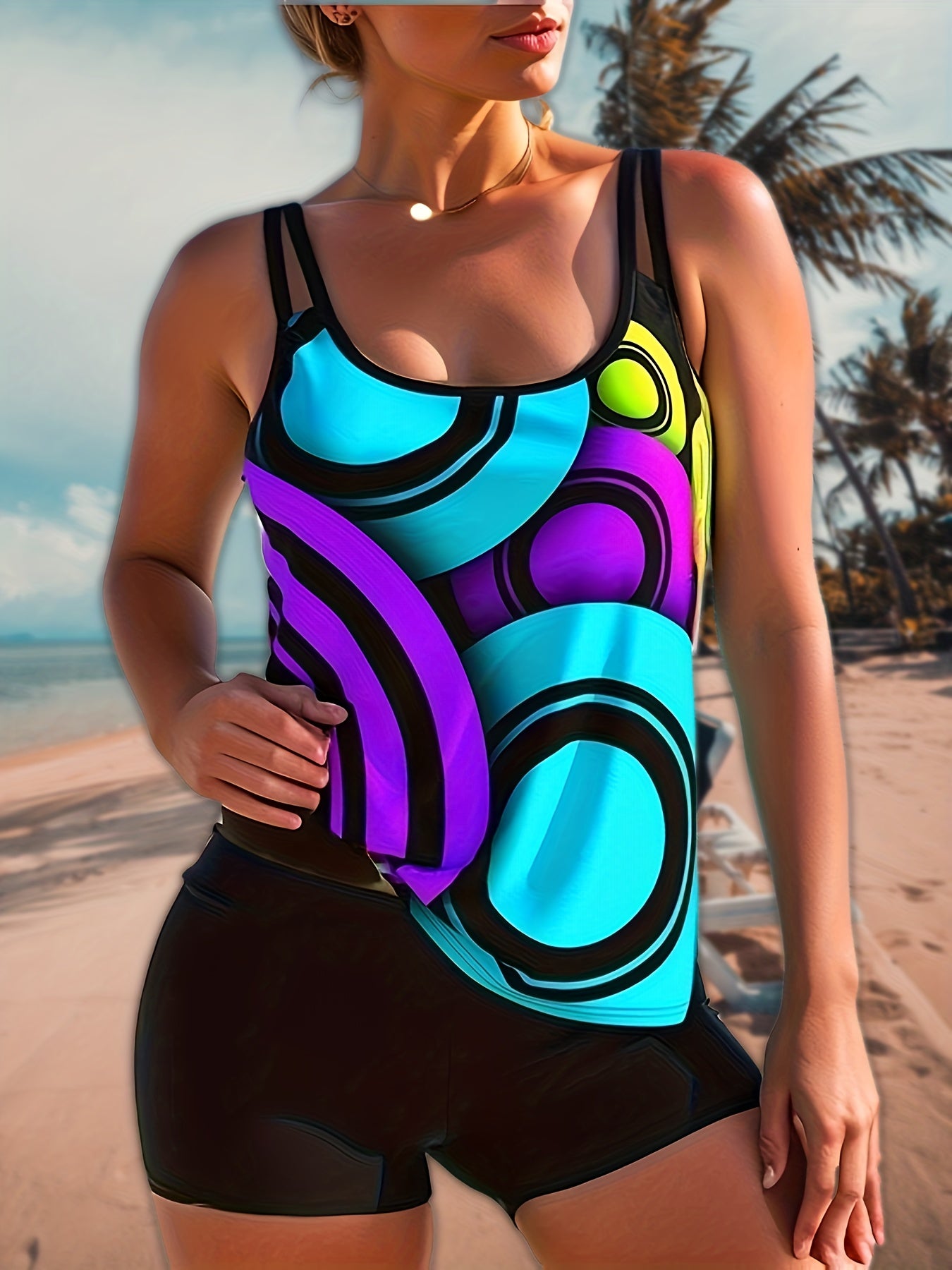 Retro Tankini Set Women's Plus Geo Print Round Neck Cami Top & Shorts