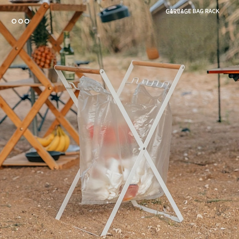 Foldable Portable Outdoor Garbage Rack with Wooden Handle