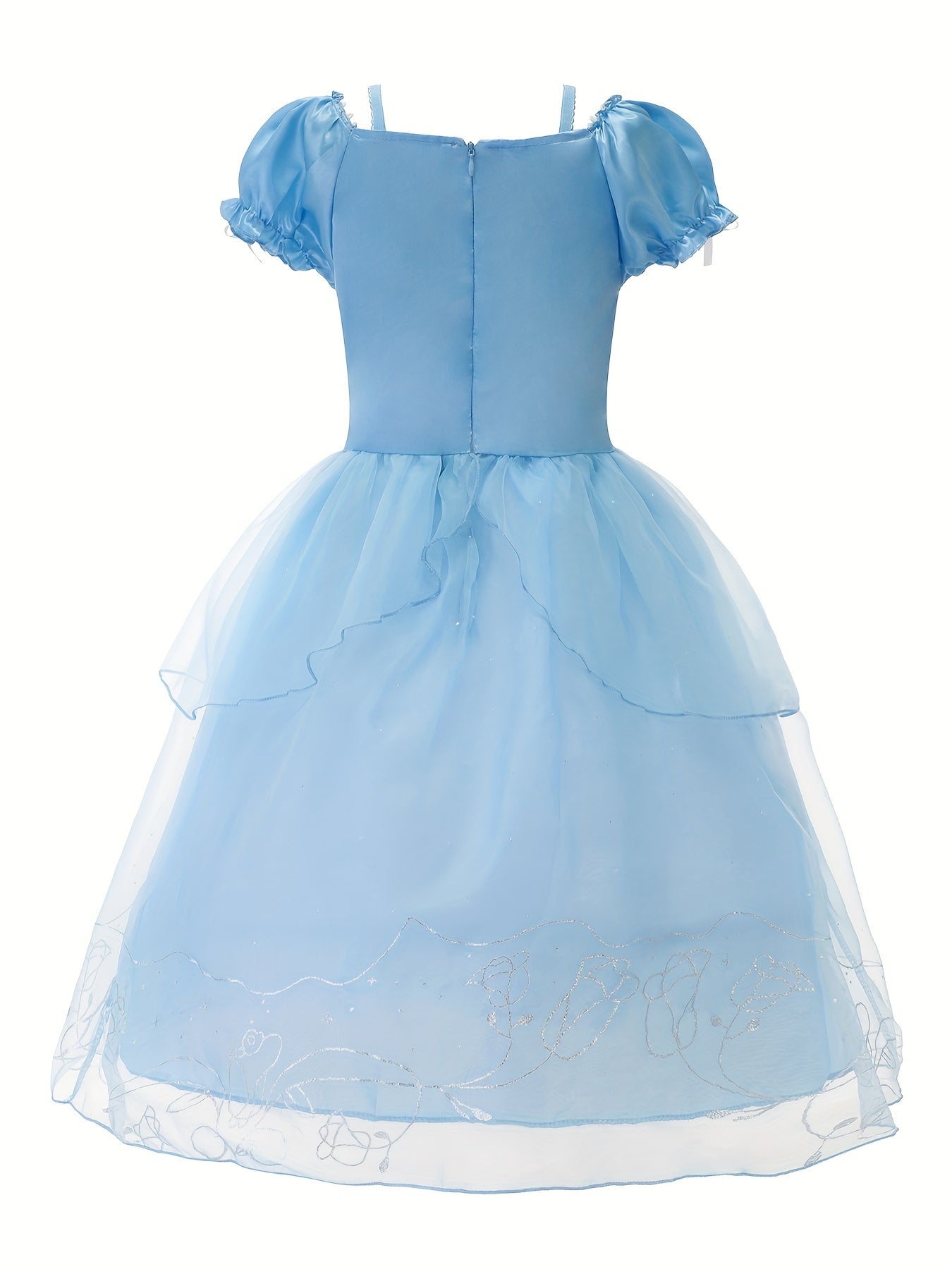 Girls Princess Dress Puff Sleeve Tulle Rose Print Floral Decor Cosplay