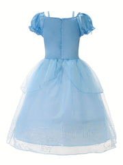 Girls Princess Dress Puff Sleeve Tulle Rose Print Floral Decor Cosplay