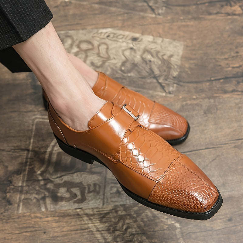 Men's Crocodile Print Monk Strap Square Toe Dress Shoes