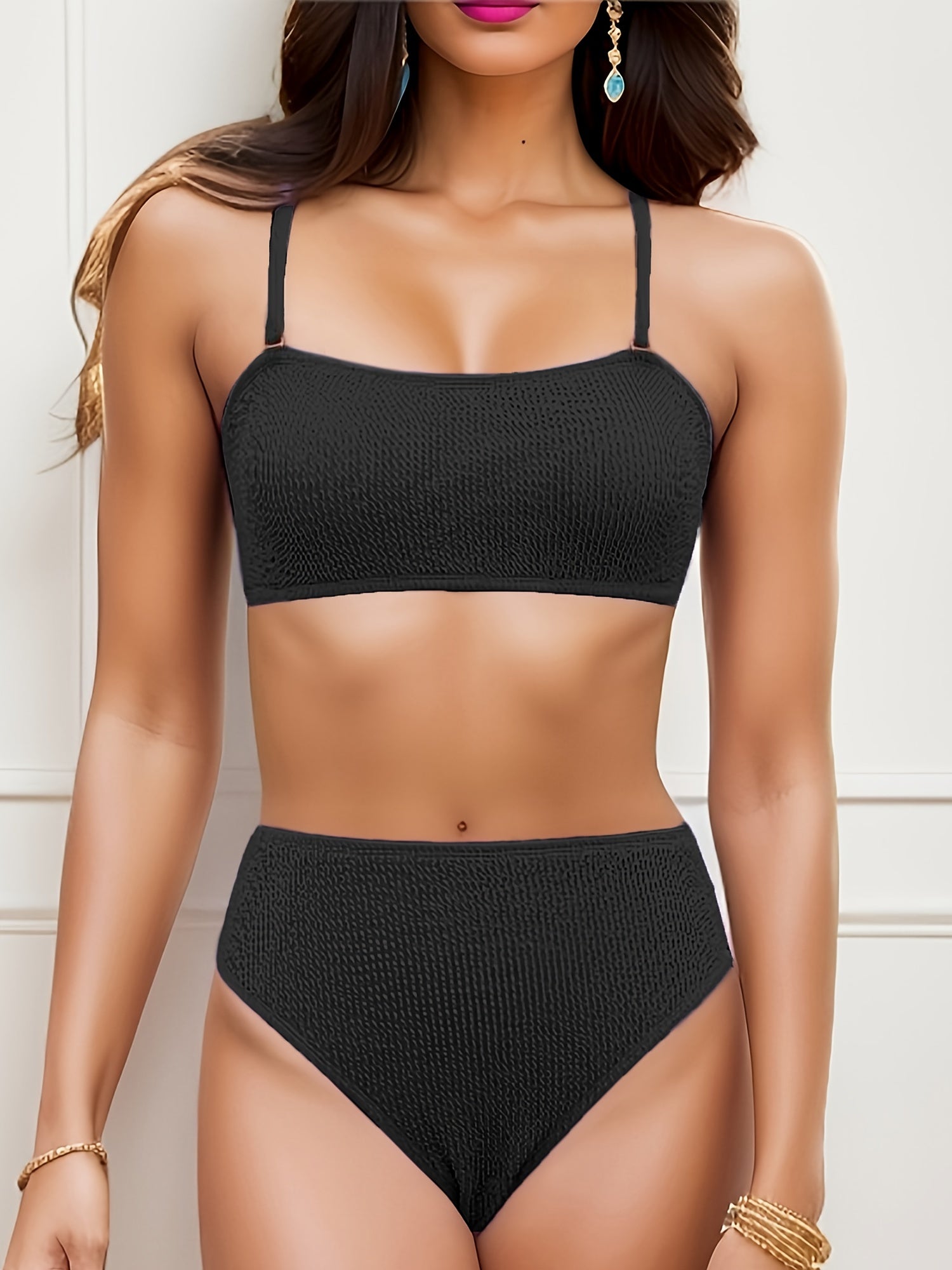 Striped Print Bikini Set Spaghetti Straps High Cut Swimsuit Women's Swimwear