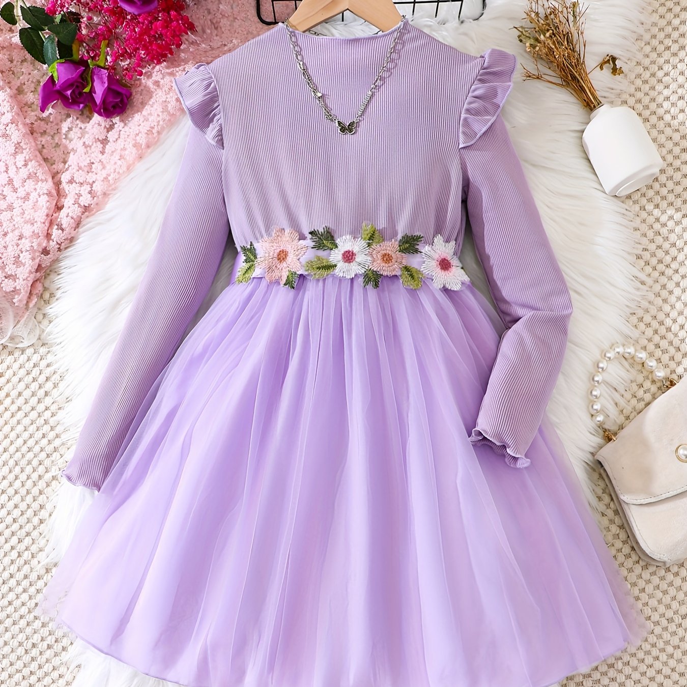 Kid Girls' Floral Embroidery Long Sleeve Dress For Party