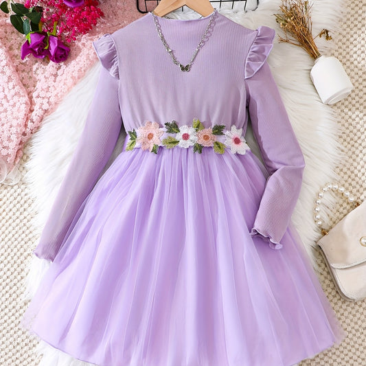 Kid Girls' Floral Embroidery Long Sleeve Dress For Party