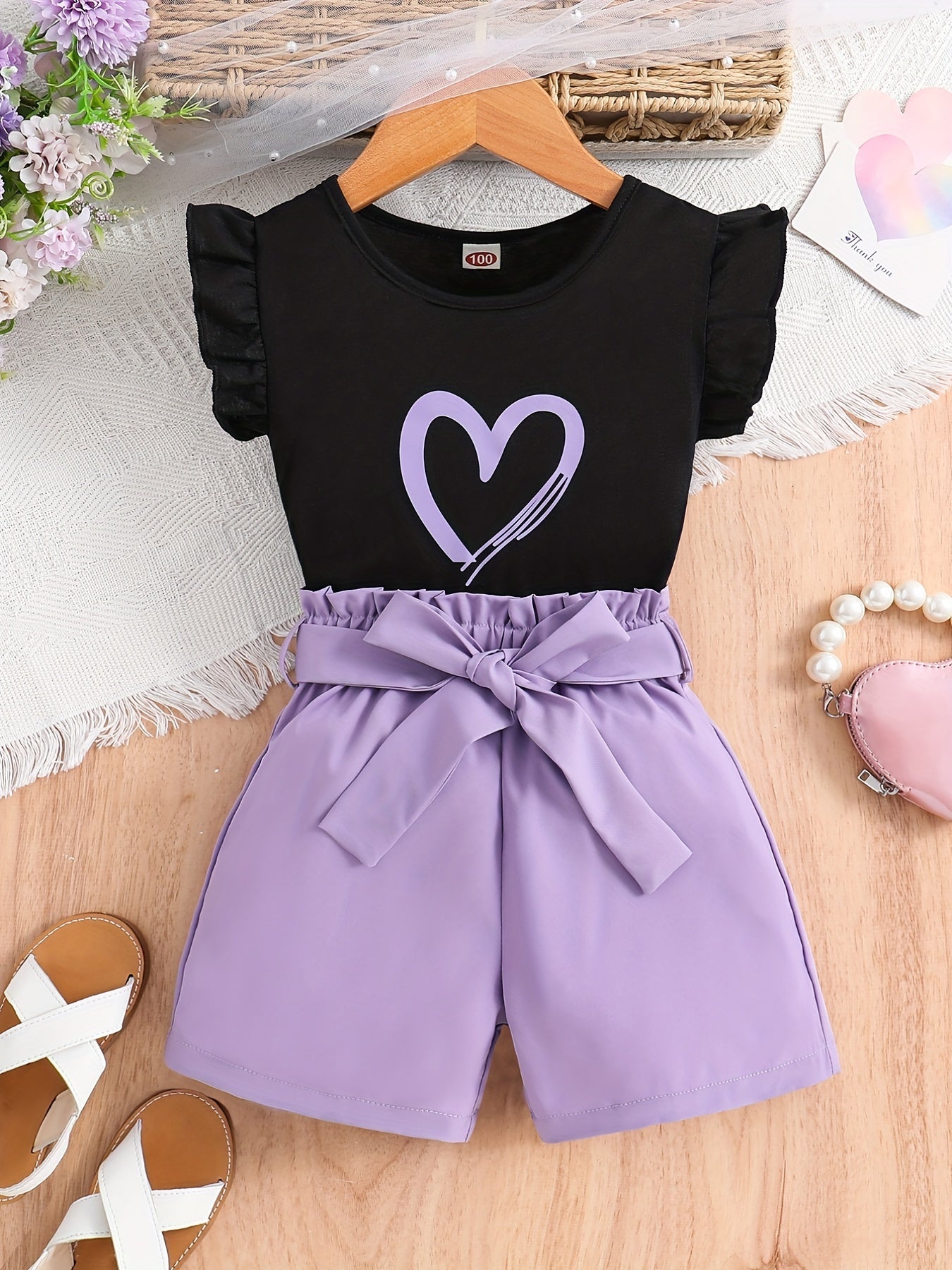 Girls Heart Print Sleeveless Top & Bow Shorts Set for Summer