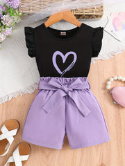 Girls Heart Print Sleeveless Top & Bow Shorts Set for Summer