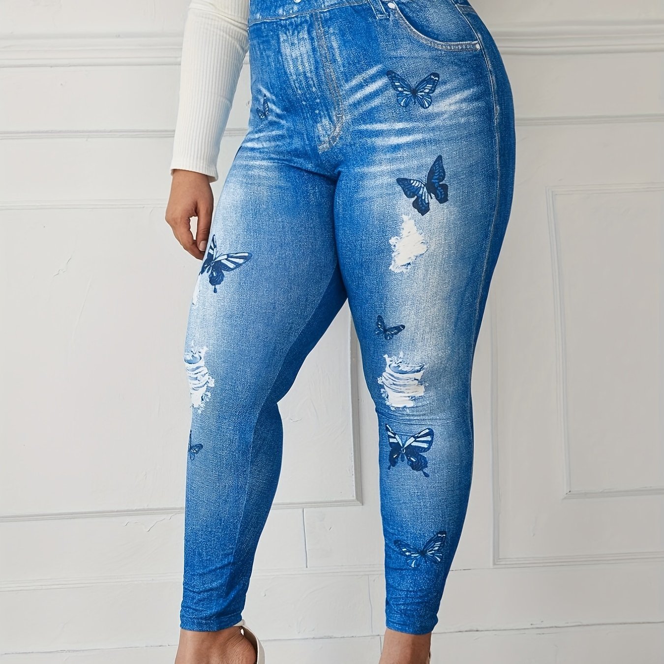 Butterfly & Denim Print High Rise Skinny Leggings