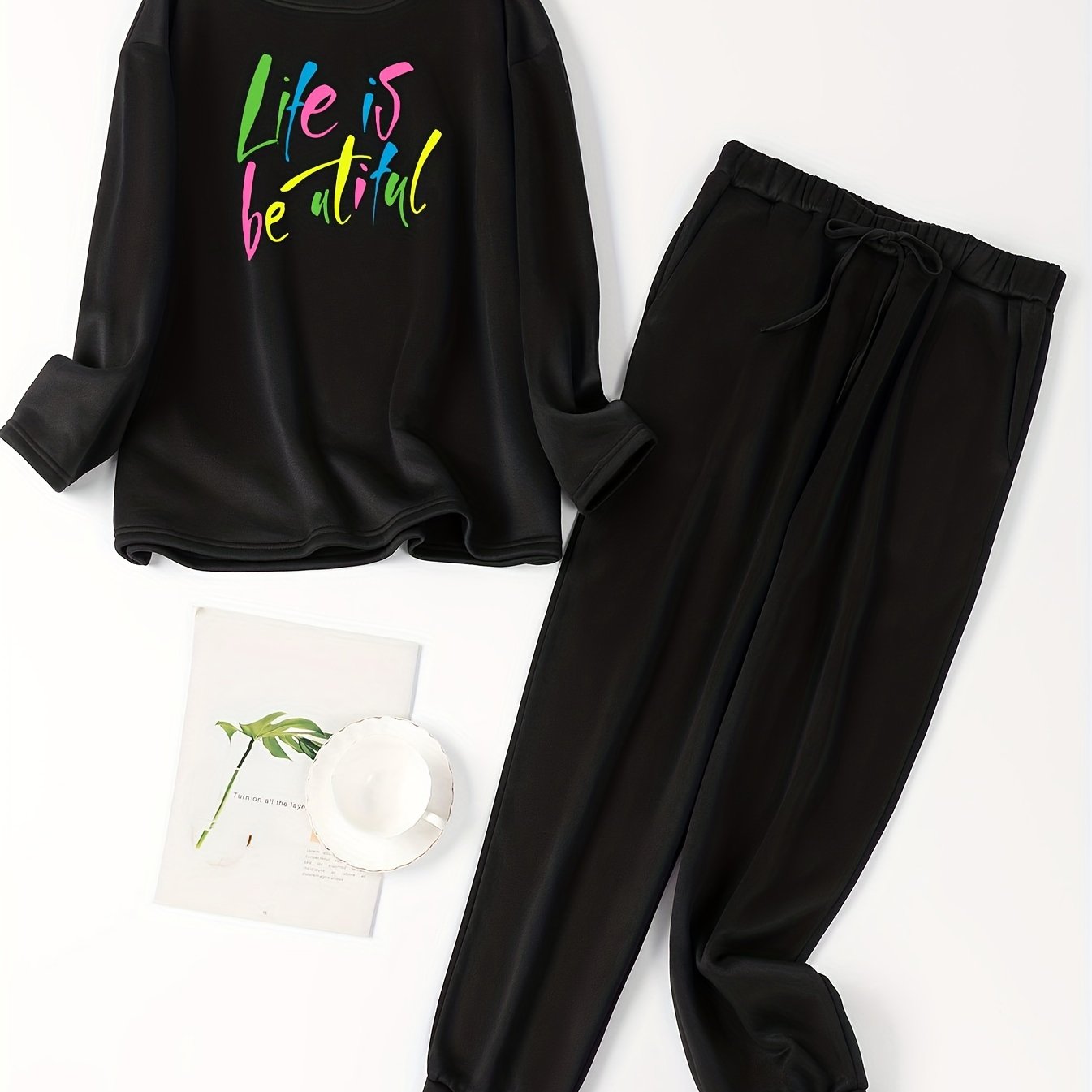 Women's Plus Size Slogan Print Fleece Lounge Set