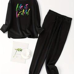Women's Plus Size Slogan Print Fleece Lounge Set
