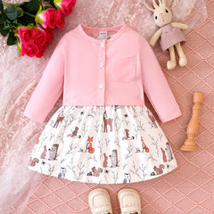 Cartoon Graphic Dress & Cardigan Set for Baby Girl