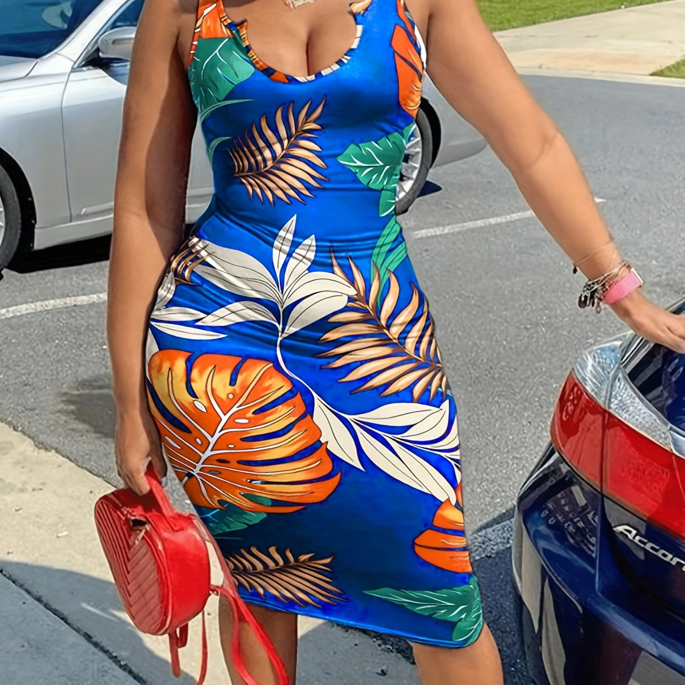 Tropical Print Notched Neck Midi Dress