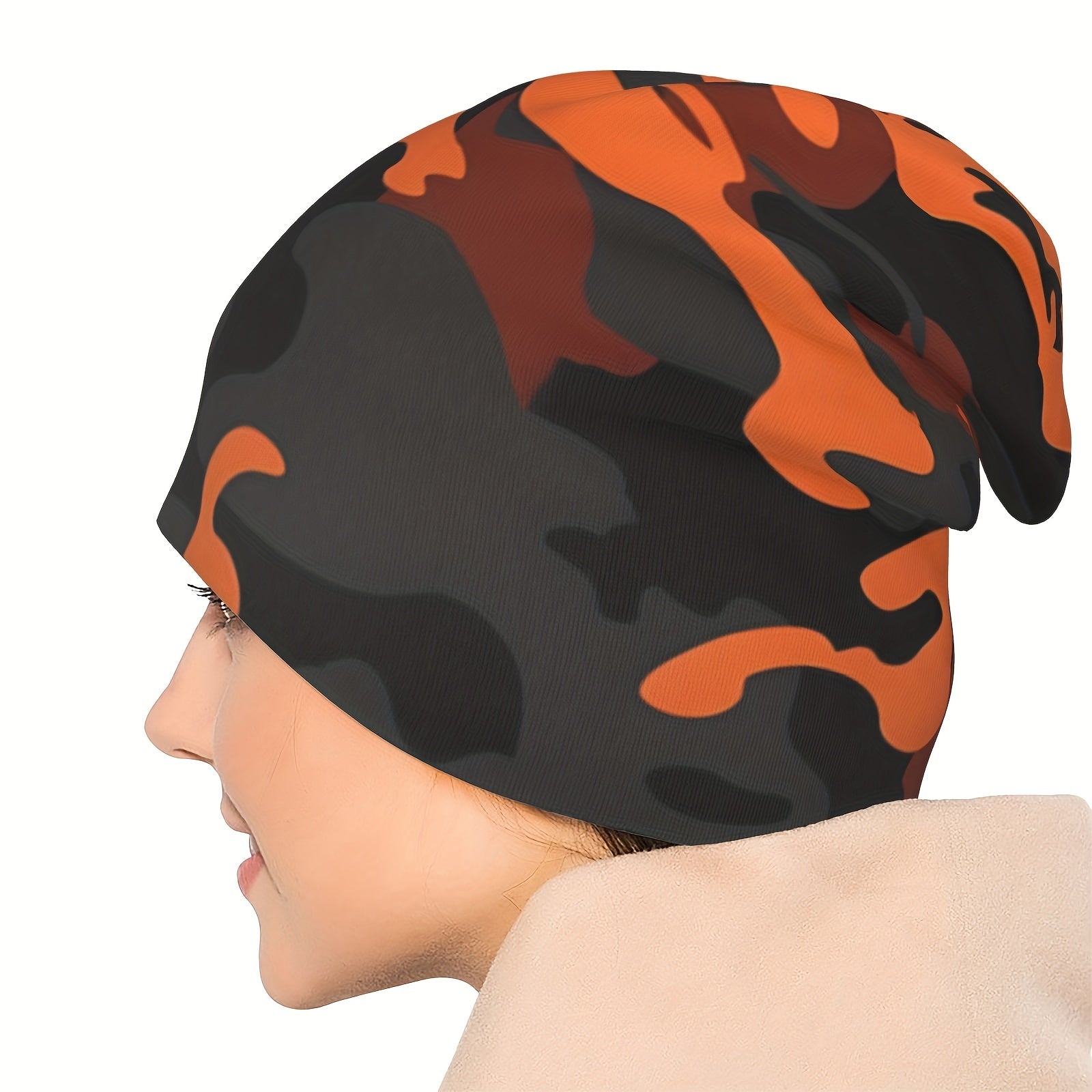 Orange Camo Style Brimless Hat With Rolled Cuff