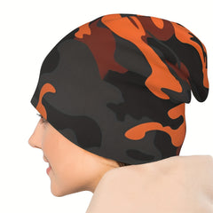 Orange Camo Style Brimless Hat With Rolled Cuff