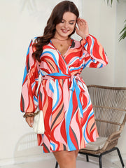 Colorblock Lantern Sleeve A-line Dress With Belt