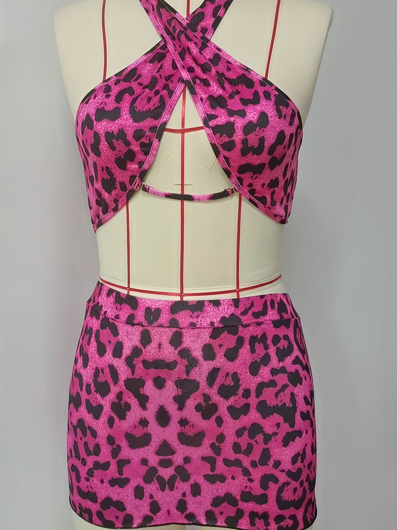 Leopard 2pc Cosplay Set Halter Top & Bodycon Skirt Outfit Women's Clothing